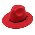 Classic red wool felt fedora hat for women with a black leather band and metal buckle - M (56-58cm) / Red