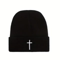 Bonnet en tricot noir unisexe avec broderie croix blanche pour la chaleur hivernale - Noir