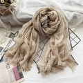 Plaid wool scarf in warm brown and white with decorative frayed edges for winter - Khaki Grid
