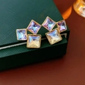Elegant gold earrings featuring three square rainbow crystals with purple and blue hues - Rainbow Square Iridescent Gem Studs (49#)