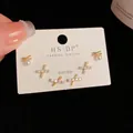 Three-pair gold earring set with pearls and zircon stones on S925 silver posts - Gold-Micro-Inlaid Beaded Cross Set (89#)