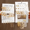 Golden fashion earring set with pearls, rhinestones and heart shapes on display cards - Gold Multi Style Combination Set (5698801HB)