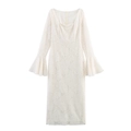 Elegant white lace bodycon maxi dress with square neck and flared long sleeves - XS / Milky White