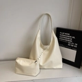 Off-white matte PU leather tote bag set with studs and matching inner pouch - Off-White with Studs