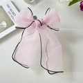 Pink organza long ribbon hair tie with black contrast trim and bow detail - Light Rose Red