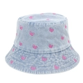Light blue denim bucket hat with pink butterfly embroidery and a vintage sweet style - 59cm / Light Blue