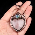Vintage heart pendant with pink crystal and abalone shell on bronze base necklace - Rose Quartz