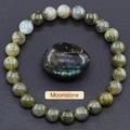 Detail view of moonstone beaded bracelet with blue sheen and natural raw stone - Moonstone