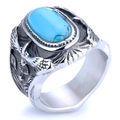 Vintage silver-tone men's ring featuring a central oval blue turquoise with floral relief - US 7 / Polished Steel (11502)