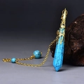 Blue stone hexagonal pillar pendant necklace with golden hollow cap and beaded chain - Gold Blue Turquoise