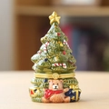 Green ceramic Christmas tree jewelry box with teddy bear and golden star ornament - Container Only / Green