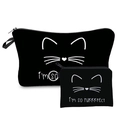 Set of two black polyester cosmetic bags with white cat prints and PURRfect text - HLZH201-Black Cat