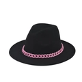 Detail of black wool fedora hat featuring a chunky pink chain link band on flat brim - Adult 57-60cm / Black with Pink Chain