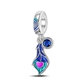 Macro detail of enamel peacock feather charm with blue zircon and heart engraving - Peacock Feather Double Dangle Charm