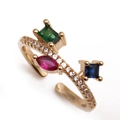 Gold plated open ring with green water drop zircon and heart-shaped colorful stones - Gold/Multi-color Main Stone with Small Diamonds (CR0670CX)