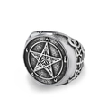 Anillo Lucifer retro de acero inoxidable con pentagrama y cabeza de cabra plateada - Talla 7 / Color Acero