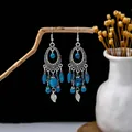 Detail of bohemian drop earrings with turquoise beads and silver leaf tassels - Antique Silver Blue Leaf Tassel (H3389)