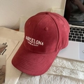 Detail of Barcelona embroidery on vintage wine red cotton baseball cap with stitch lines - 56-65cm (Adjustable) / BARCELONA Embroidery / Burgundy