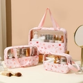 Three-piece pink floral butterfly makeup bag set with clear windows and handles - Small, Medium And Large Bag Set / Pink Butterfly & Flower