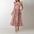 Elegante witte midi-jurk met kersenprint en ruchesmouwen getoond op een model - S / Rood