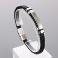Bracciale da uomo in pelle nera intrecciata con piastra in metallo argento e chiusura magnetica - 19cm / Colore Acciaio (KB166752-KLHQ)