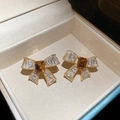 Bow-knot stud earrings with 18k gold plating, amber crystals and zircons - Gold Bowknot Brown Gem Style (85#)