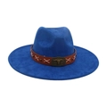 Royal blue wide brim fedora hat with brown leather band and bronze bull head buckle - Sapphire Blue