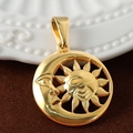 Detailed view of round gold sun and moon pendant with hollowed design in 24K gold plating - Smiley Sun Moon - Gold