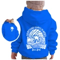 Kids bright blue hoodie with white Chasing Sunsets surf print and wave graphic back - Bright Blue/White Print / 100cm