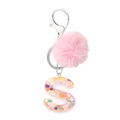 Pink plush ball and resin letter S keychain with colorful heart sequins and silver hardware - Letter S