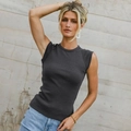Slim fit dark grey sleeveless rib knit top shown on a model in outdoor lighting - S / Tops / Dark Gray