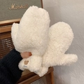 Winter plush fleece mittens with cute bear patch, warm thick thermal gloves for women - Bear Tag Style / White