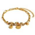 Double layer 18K gold plated chain bracelet with colorful stones and round coin charm - Layered Coin Pendant Bracelet - Gold-1