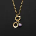 Gold stainless steel paperclip necklace with purple crystal and textured round pendant. - Letter O Style (Steel) / Silver