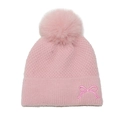 Close-up of pink knit hat featuring soft fleece lining and delicate bow embroidery - M (56-58cm) / Pink