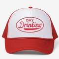 Detailed close-up of embroidery on a red and white mesh trucker hat with Day Drinking text - One Size / White Red