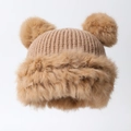 Bonnet d'hiver en tricot camel pour femme avec oreilles d'ours mignonnes et peluche - Taille unique / Khaki