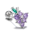 Grape shaped screw back cartilage earring with purple cubic zirconia and green leaf gem - Silver Grape