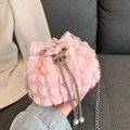 Chic pink pleated chain bag with silver strap and pearl pendant for women - Pink