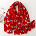 Red cotton linen scarf with colorful hand-drawn cartoon cat patterns and fringe edges - Red