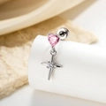 Titanium steel tragus stud with pink heart stone and cross pendant earring - Pink (Single Piece)