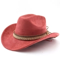 Brick red suede western cowboy hat featuring bohemian beaded trim and leather cord - M (56-58cm) / Caramel color