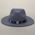 Detailed view of dark grey wool fedora with white floral studs and black wavy leather band - M (56-58cm) / Gray
