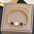 18k gold plated stainless steel chunky chain bracelet with black and white enamel charms - Gold Black & White Disc Chunky Chain (5264)