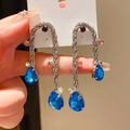Detail of vintage silver drop earrings with blue waterdrop gemstones and pink crystals - 40# Silver Pin - Silver - Blue