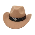 Close-up of khaki western felt hat featuring a silver bull head buckle on leather strap - One Size / Camel
