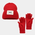 Close-up of red thick knit hat and gloves set with finger openings and white logo patch - Red