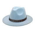 Detail of light blue fedora hat with brown leather rivet band and vintage metal badge - M(56-58cm) / Sky Blue