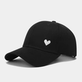 Detail of white heart embroidery on black cotton twill baseball cap with curved brim - Adjustable / Solid Heart Black