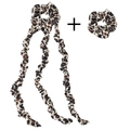 Detail view of two leopard print hair scrunchies in a satin combo set shown on white - Leopard Print